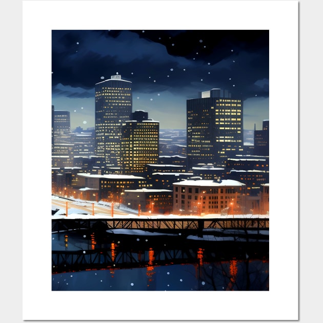 Portland Oregon First Snow: First Snow Scene in Downtown Portland, Oregon on a Dark Background Wall Art by Puff Sumo